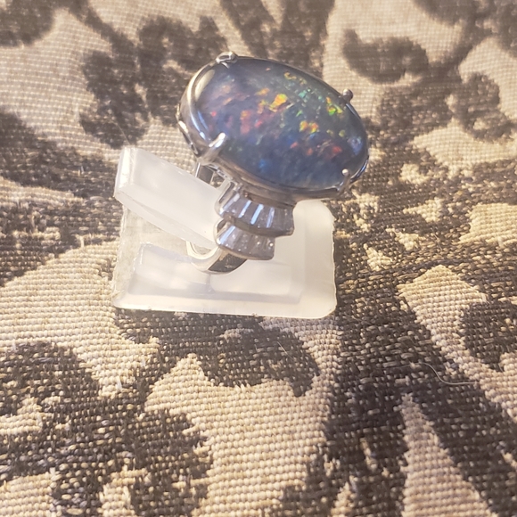 Rare Boulder Opal and Moissanite Ring in Platinum Over Sterling Silver - Picture 5 of 5